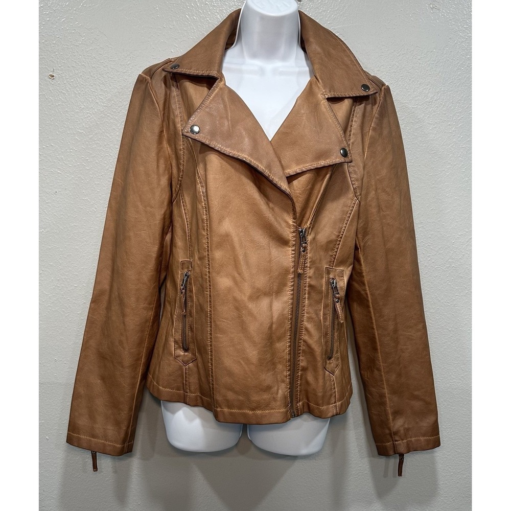 Max Studio Faux Leather Jacket Size Large Caramel Brown W/ Pockets Motorcycle